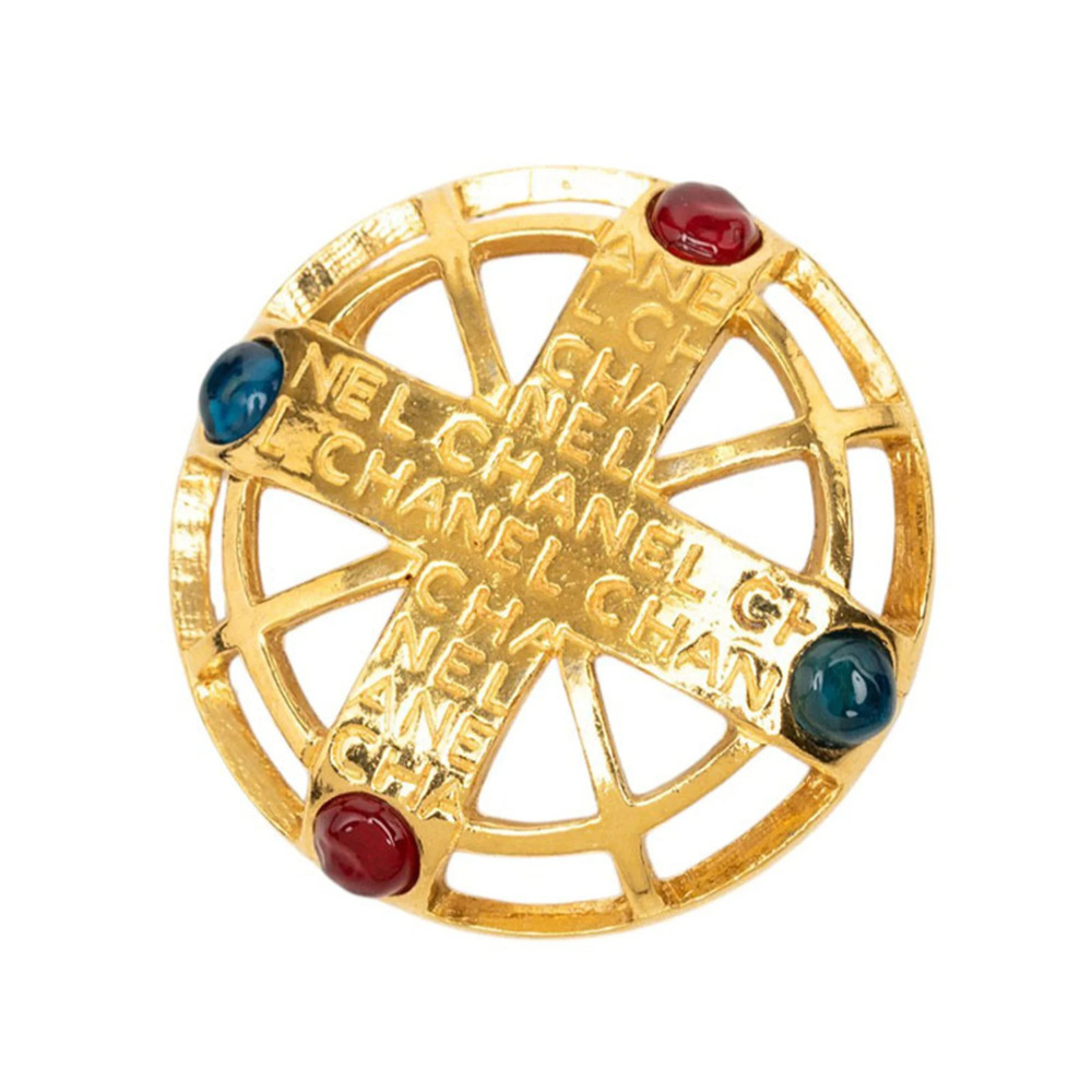 Chanel Logo Brooch, Gold Multicolor Plated Stone, Women's CHANEL